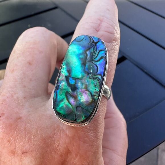 Abalone Shell Sterling Silver Plated Ring – Size 13 Statement Jewelry - Picture 10 of 11